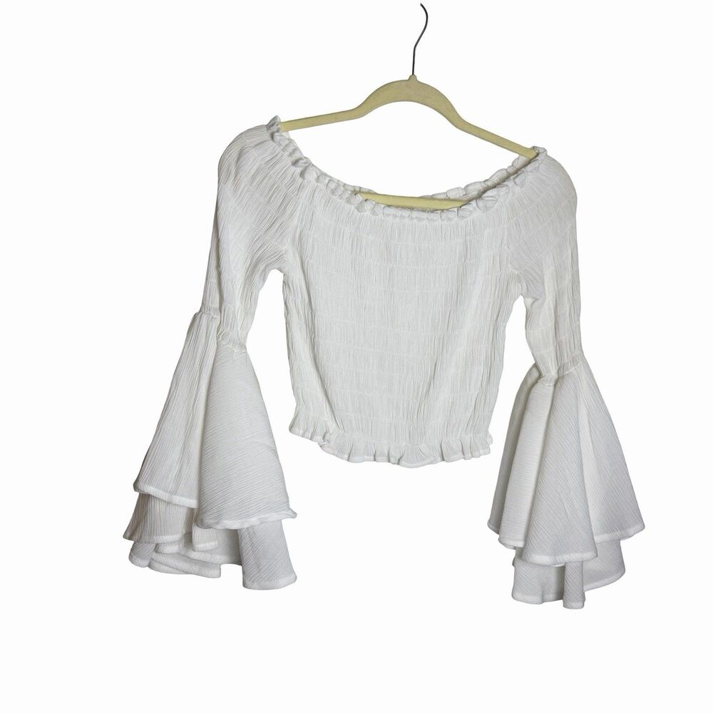 White Off Shoulder Peasant Top Smocked Crop Blouse Trumpet Sleeve Boho Small